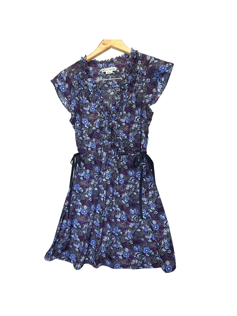 American Eagle Purple Floral Ruffle V-Neck Mini Dress Cap Sleeve Size S